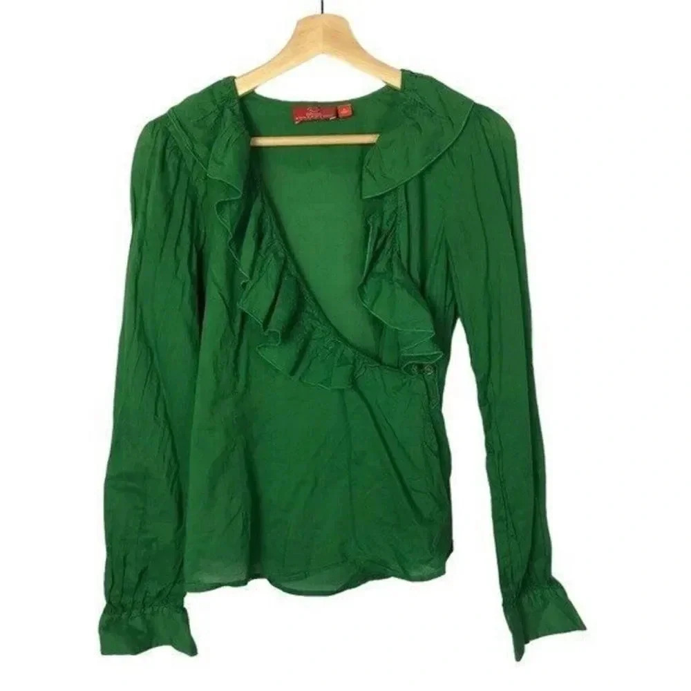 Oscar De La Renta Green Ruffle Wrap Long Sleeve Blouse 6